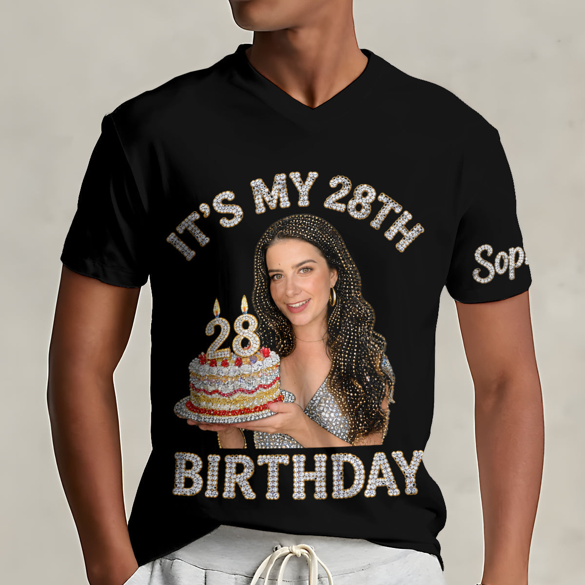 Personalized 25th Birthday Black Woman V-Neck T-Shirt Gift for Her