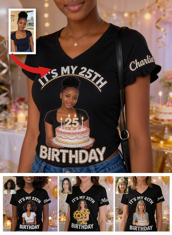 Personalized 25th Birthday Black Woman V-Neck T-Shirt Gift for Her
