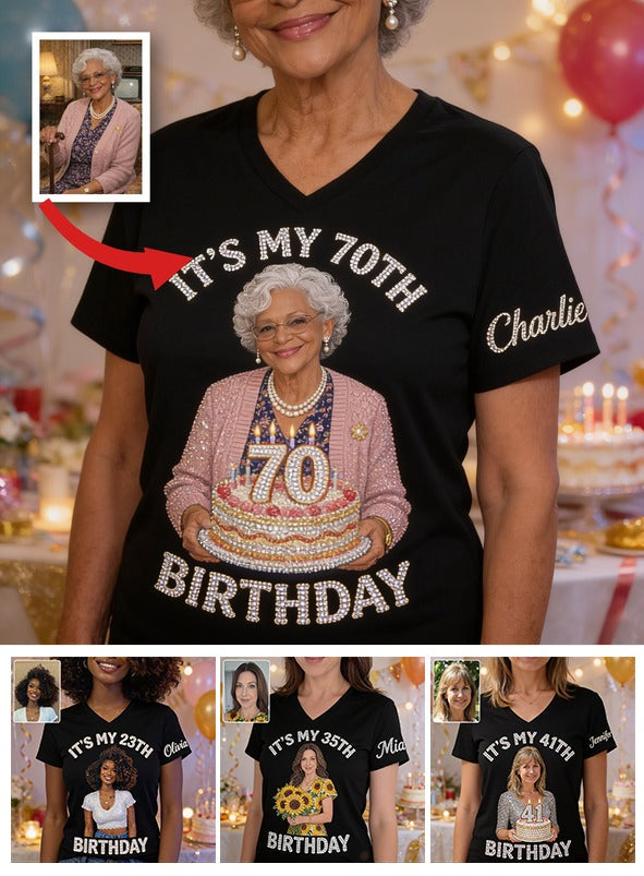 Personalized 70th Birthday Older Black Woman V-Neck T-Shirt Gift