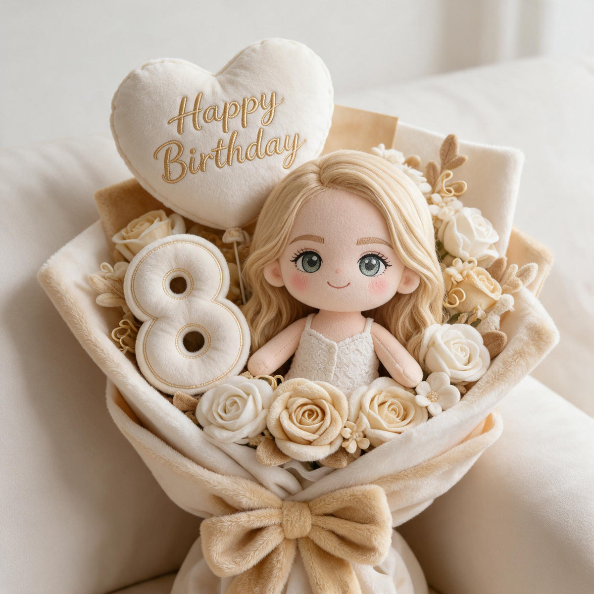 Personalized 8th Birthday Little Girl Faux Fur Pillow Bouquet, Birthday Gift for Daughter Granddaughter Niece