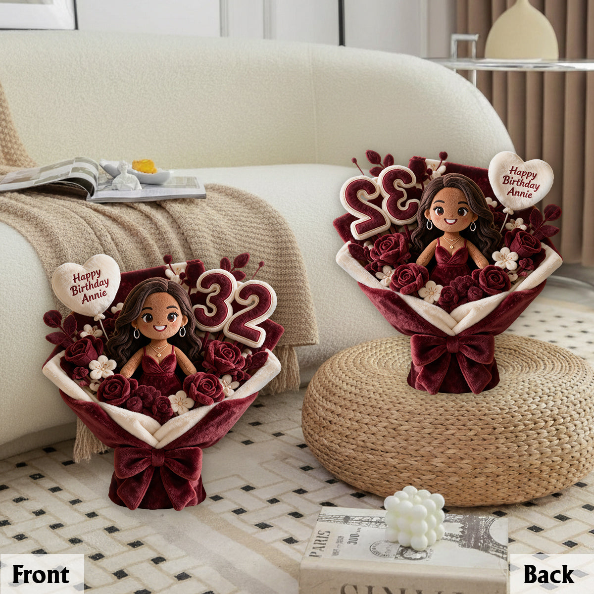 Personalized 45th Birthday Middle-Aged Latina Woman Faux Fur Pillow Bouquet Gift