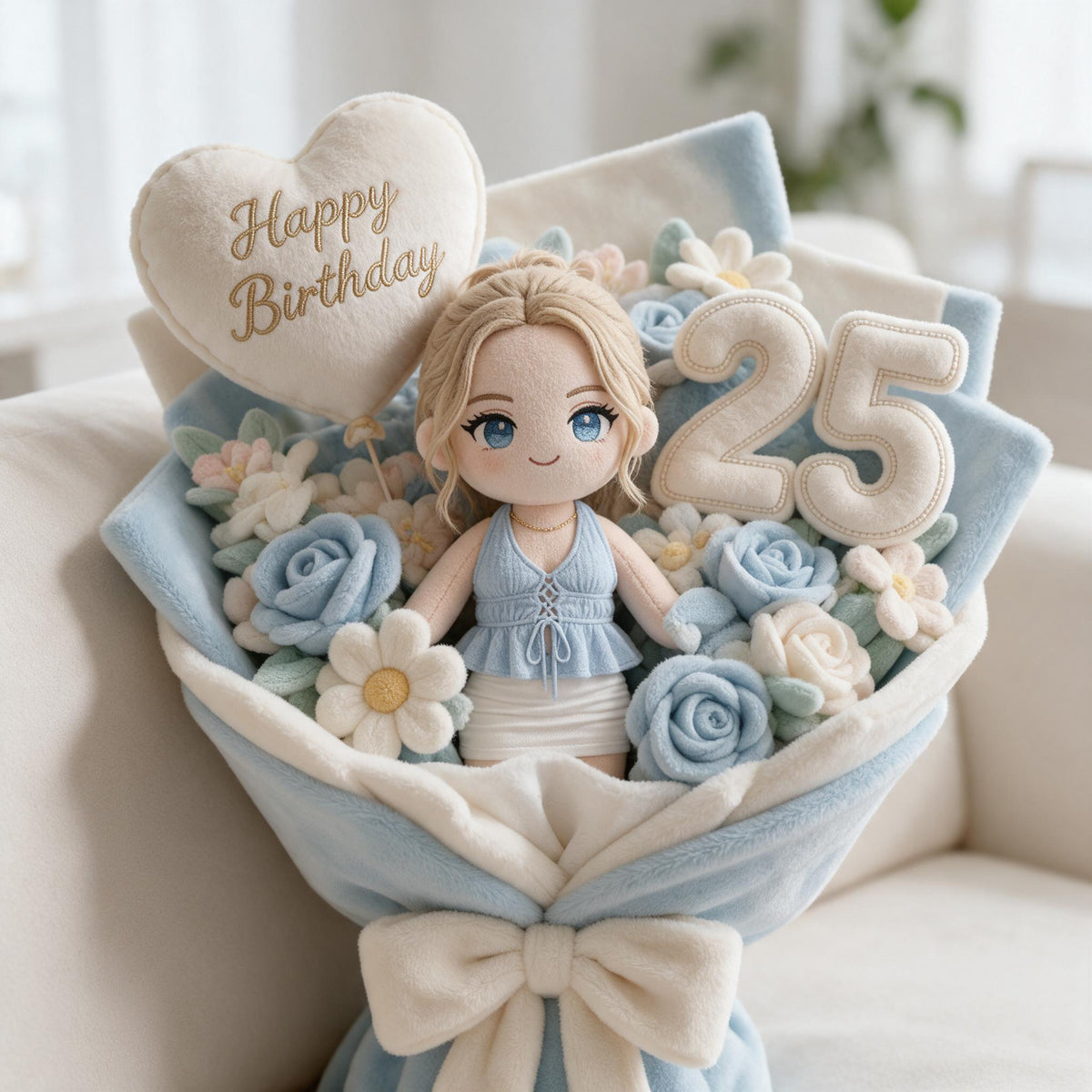 Personalized 25th Birthday Woman Flower Bouquet Faux Fur Pillow Gift