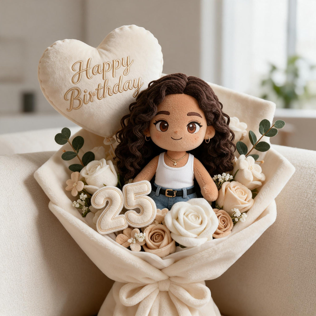 Personalized 25th Birthday Latina Woman Faux Fur Pillow Bouquet Gift