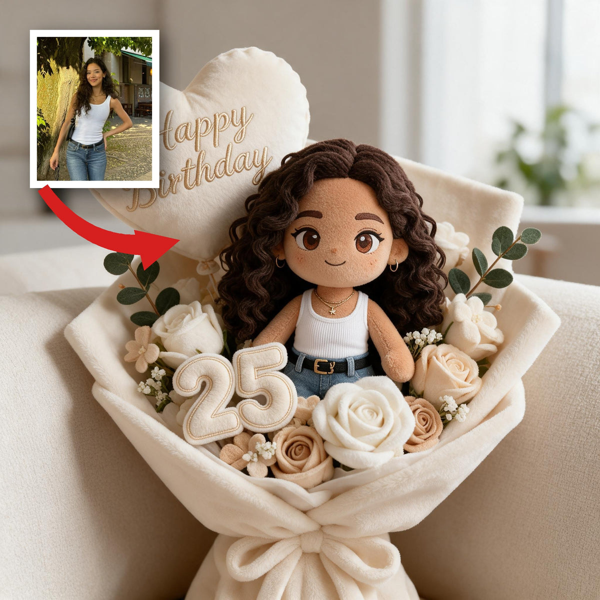 Personalized 25th Birthday Latina Woman Faux Fur Pillow Bouquet Gift