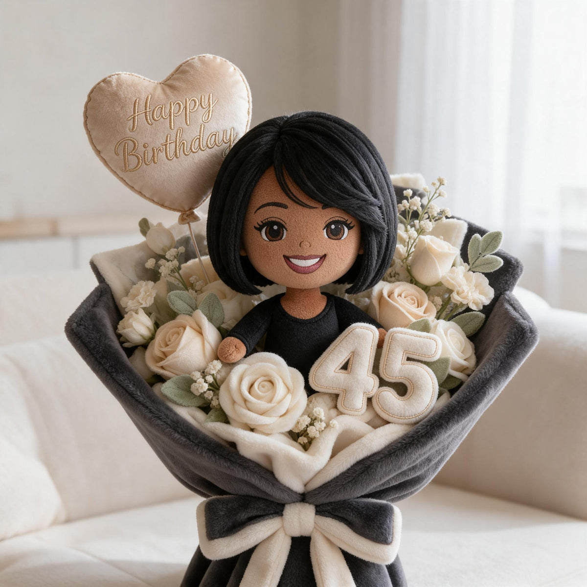 Personalized 45th Birthday Middle-Aged Black Woman Faux Fur Bouquet Pillow