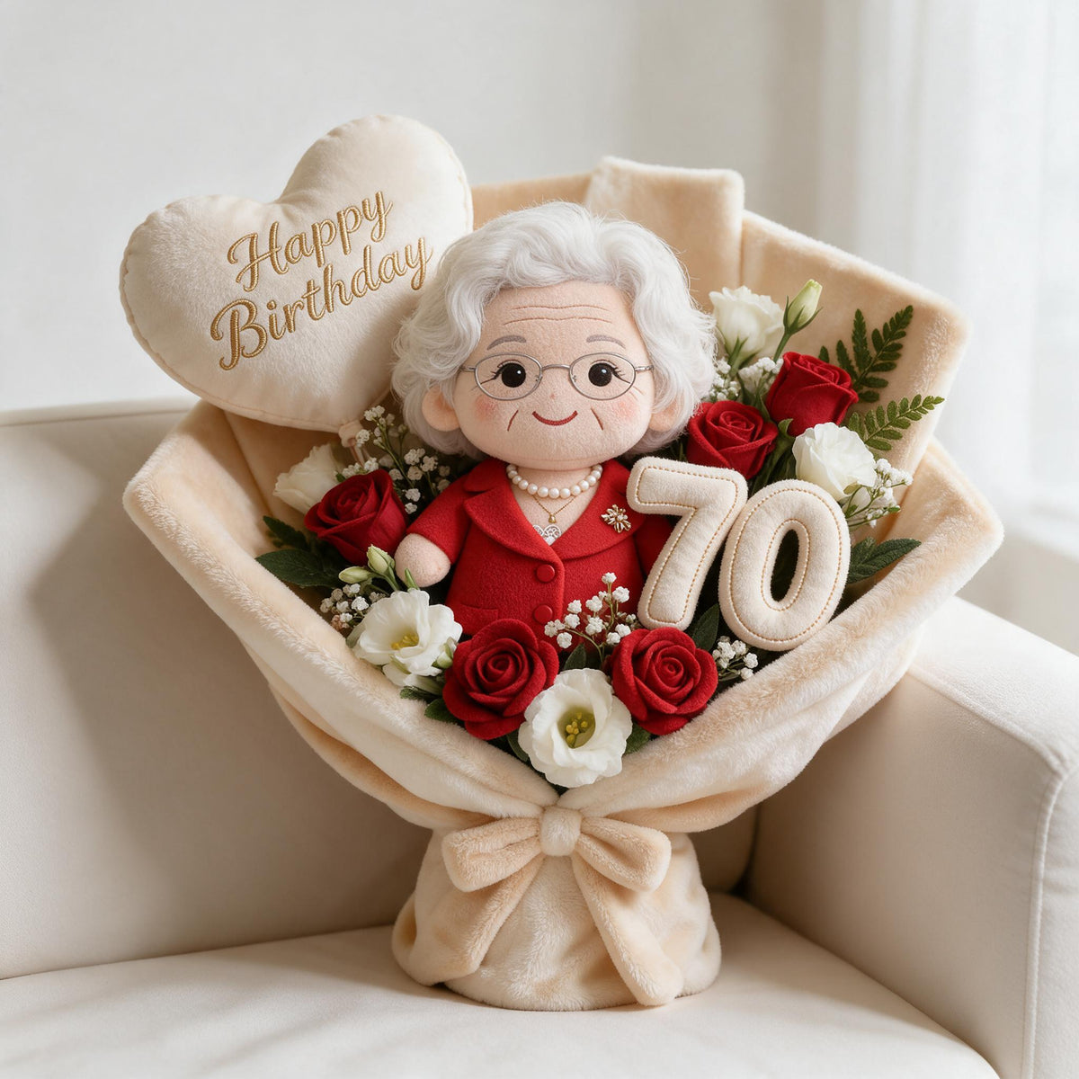 Personalized 70th Birthday Older Woman Faux Fur Bouquet Pillow Gift for Grandma Mom Wife