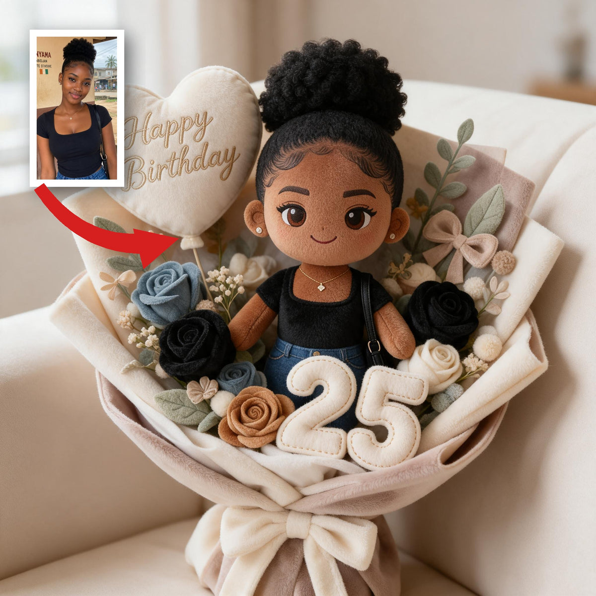 Personalized 25th Birthday Black Woman Bouquet Faux Fur Pillow Birthday Gift