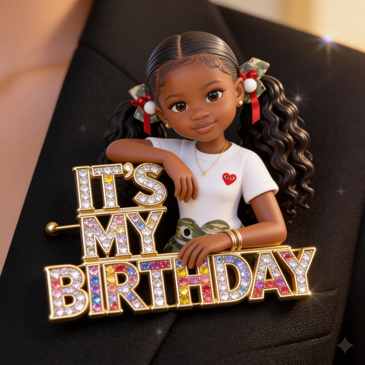 Custom Photo Birthday Black Little Girl Acrylic Enamel Pin, Daughter Granddaughter Niece Gift