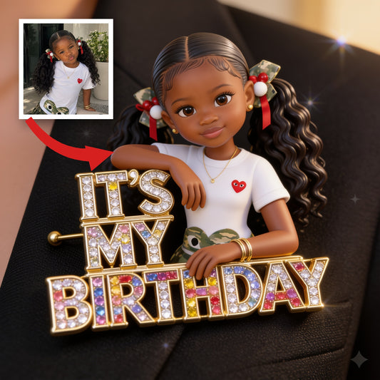 Custom Photo Birthday Black Little Girl Acrylic Enamel Pin, Daughter Granddaughter Niece Gift