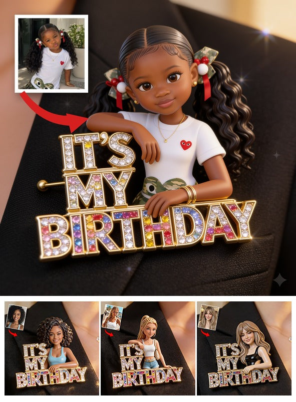 Custom Photo Birthday Black Little Girl Acrylic Enamel Pin, Daughter Granddaughter Niece Gift