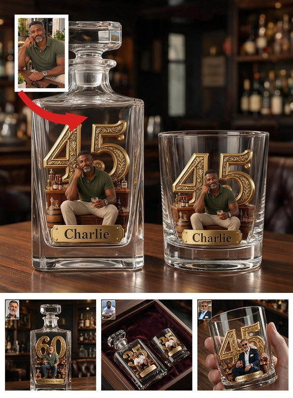 Personalized 45th Birthday Middle-Aged Black Man Whiskey Decanter Set Gift for Dad Grandpa