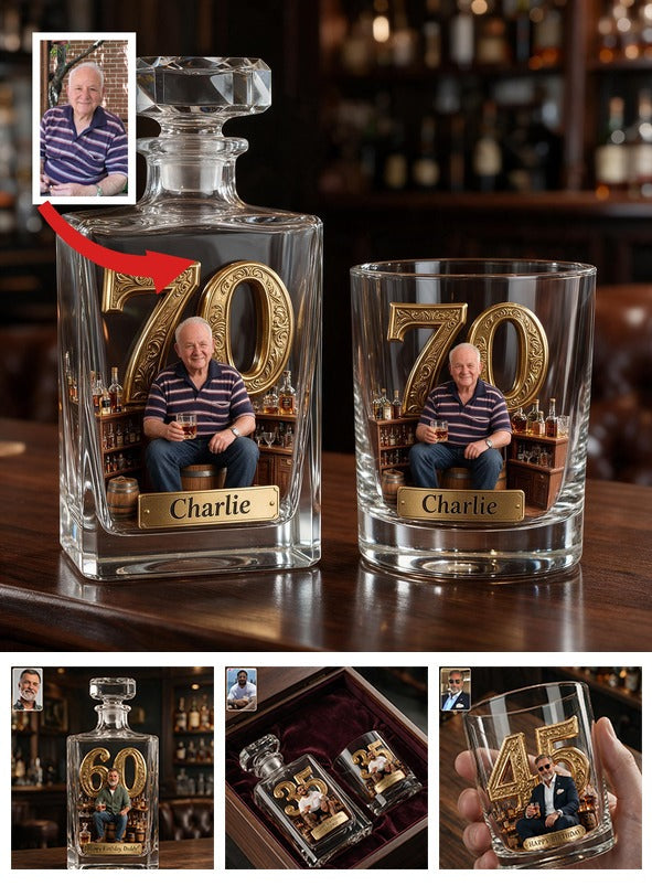 Personalized 70th Birthday Older Man Whiskey Decanter Set Gift For Dad Grandpa