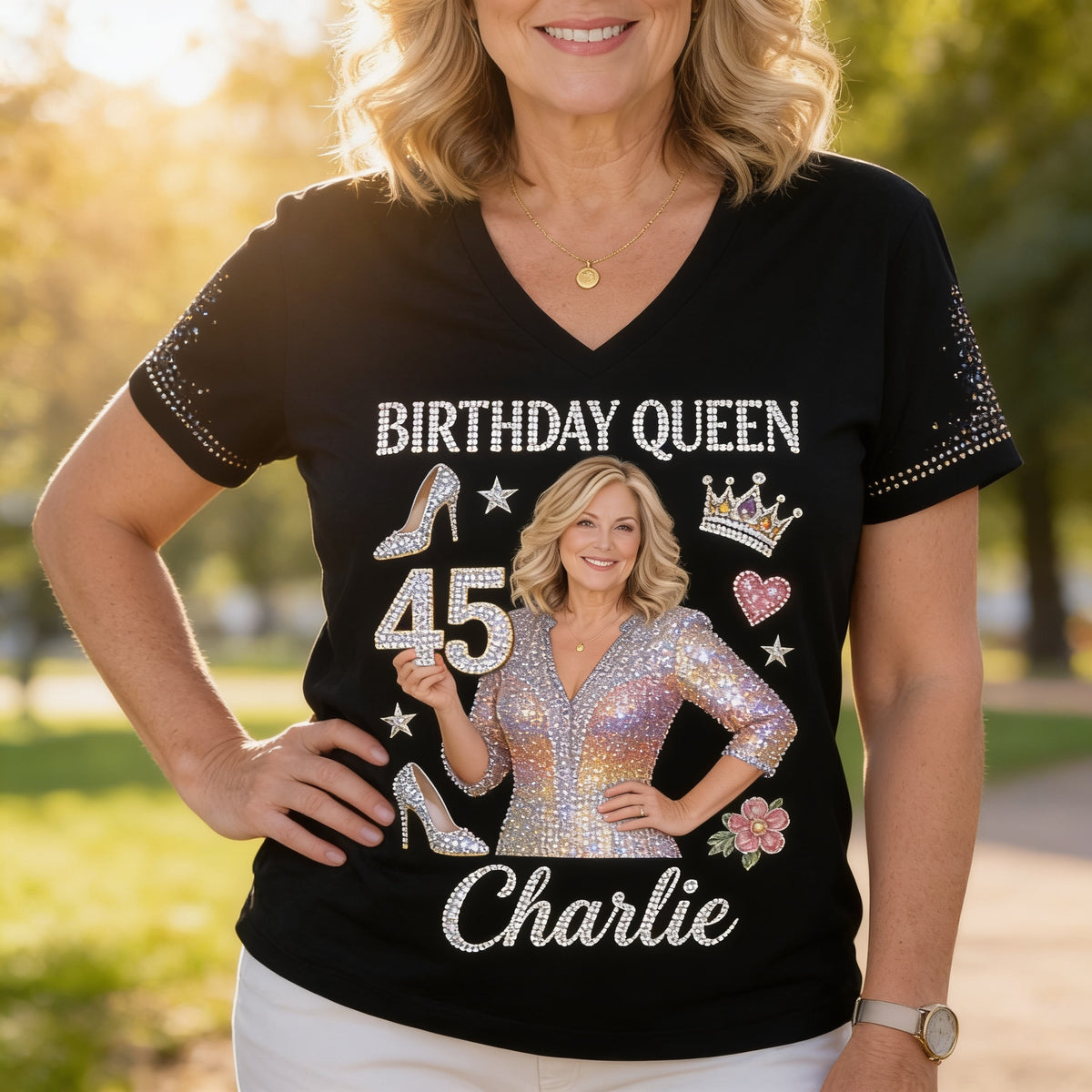 Personalized 45th Birthday Middle-Aged Woman V-Neck T-Shirt Birthday Queen Gift