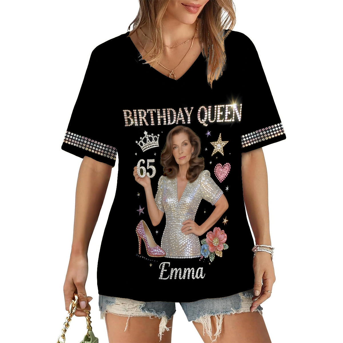 Personalized 25th Birthday Black Woman V-Neck T-Shirt Gift For Her