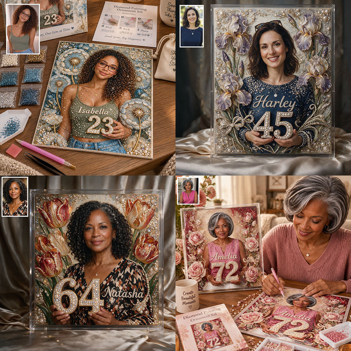 Personalized 70th Birthday Older Latina Woman Diamond Painting Ornament Kit, Grandma Gift