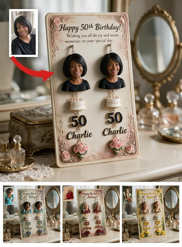 Personalized 50th Birthday Middle-Aged Black Woman Earrings with Display Card Gift