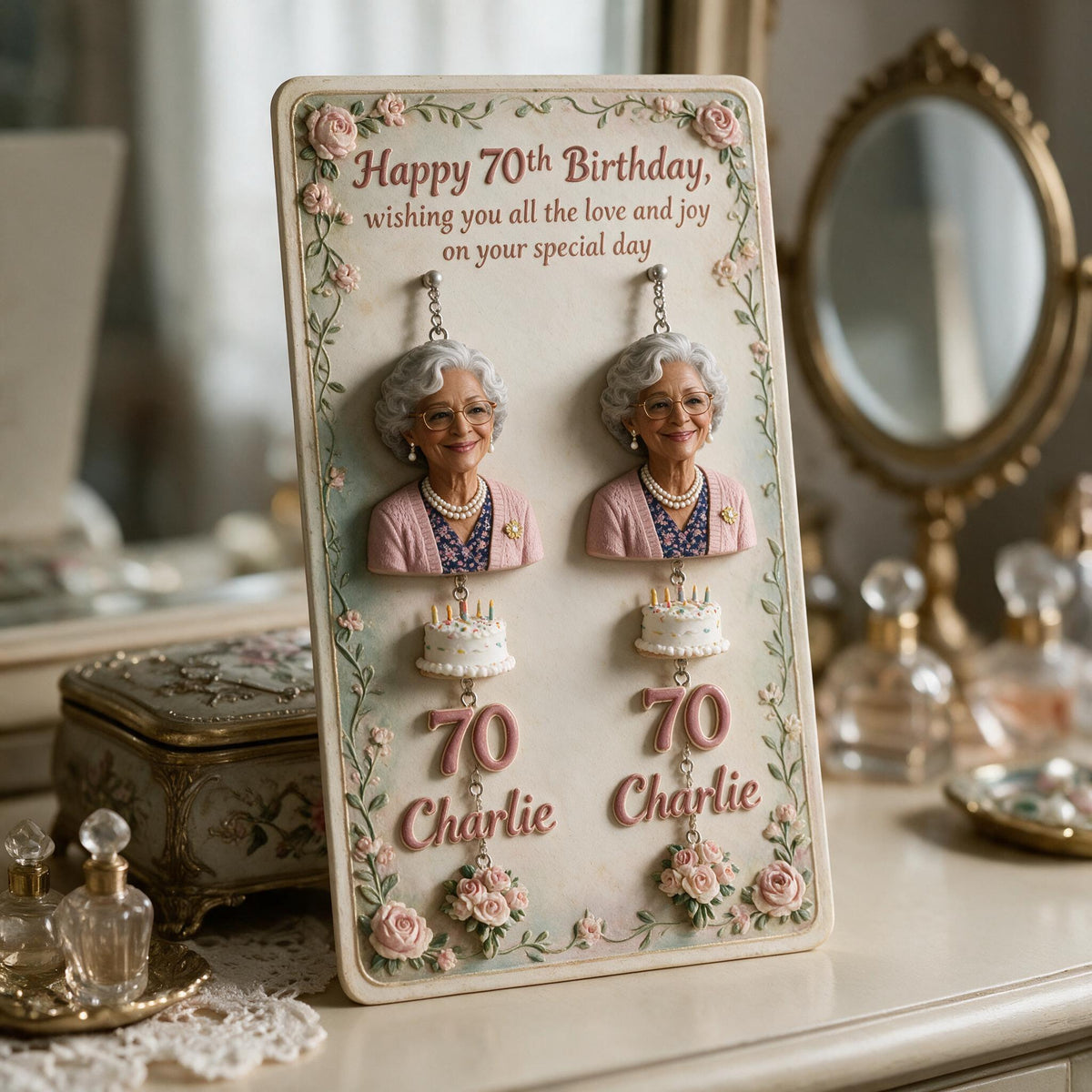Personalized 70th Birthday Older Black Woman Earrings with Display Card, Mom Grandma Gift