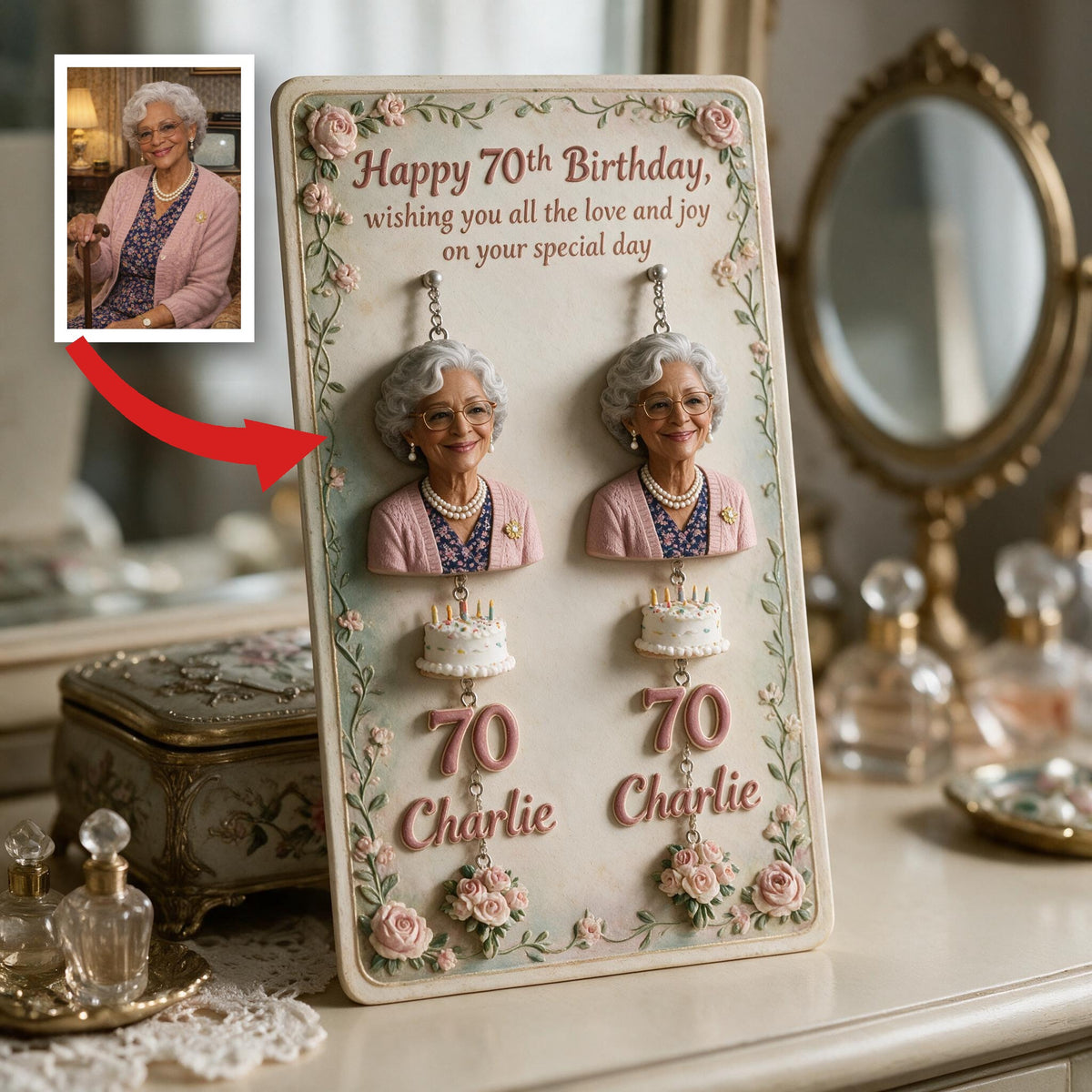 Personalized 70th Birthday Older Black Woman Earrings with Display Card, Mom Grandma Gift