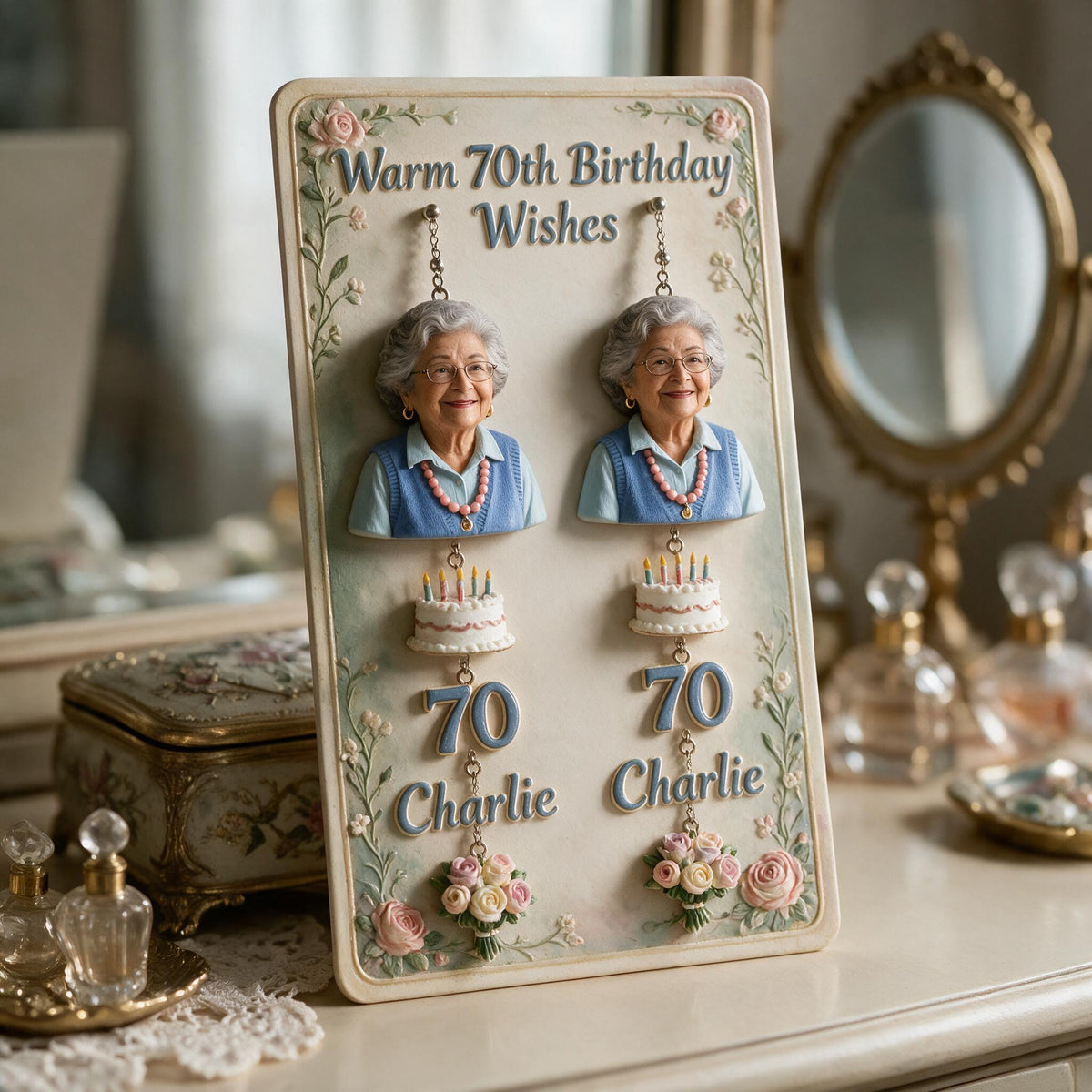 Personalized 70th Birthday Older Latina Woman Earrings with Card, Gift for Grandma Mom Wife