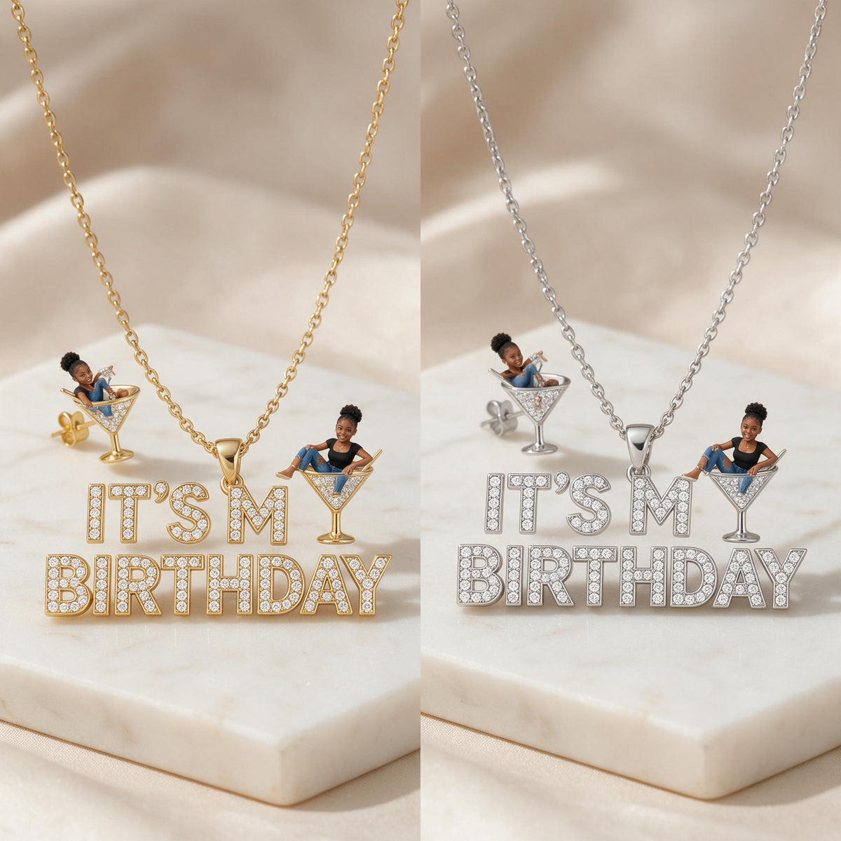 Personalized 21st Birthday Black Woman Pendant Necklace & Stud Earrings Set