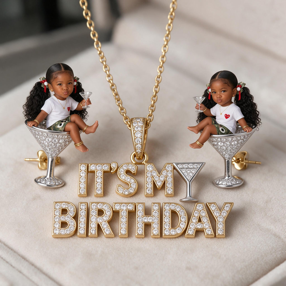 Personalized Birthday Black Little Girl Pendant Necklace & Stud Earrings Gift Set