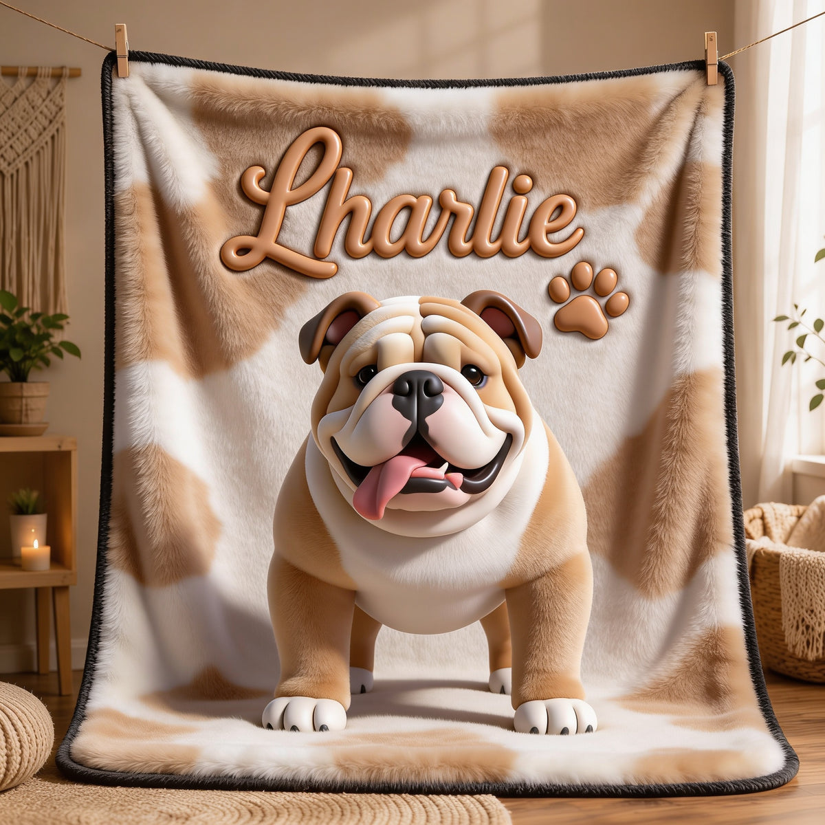 Personalized Fawn and White Adult Bulldog Pet Blanket Dog Lover Gift