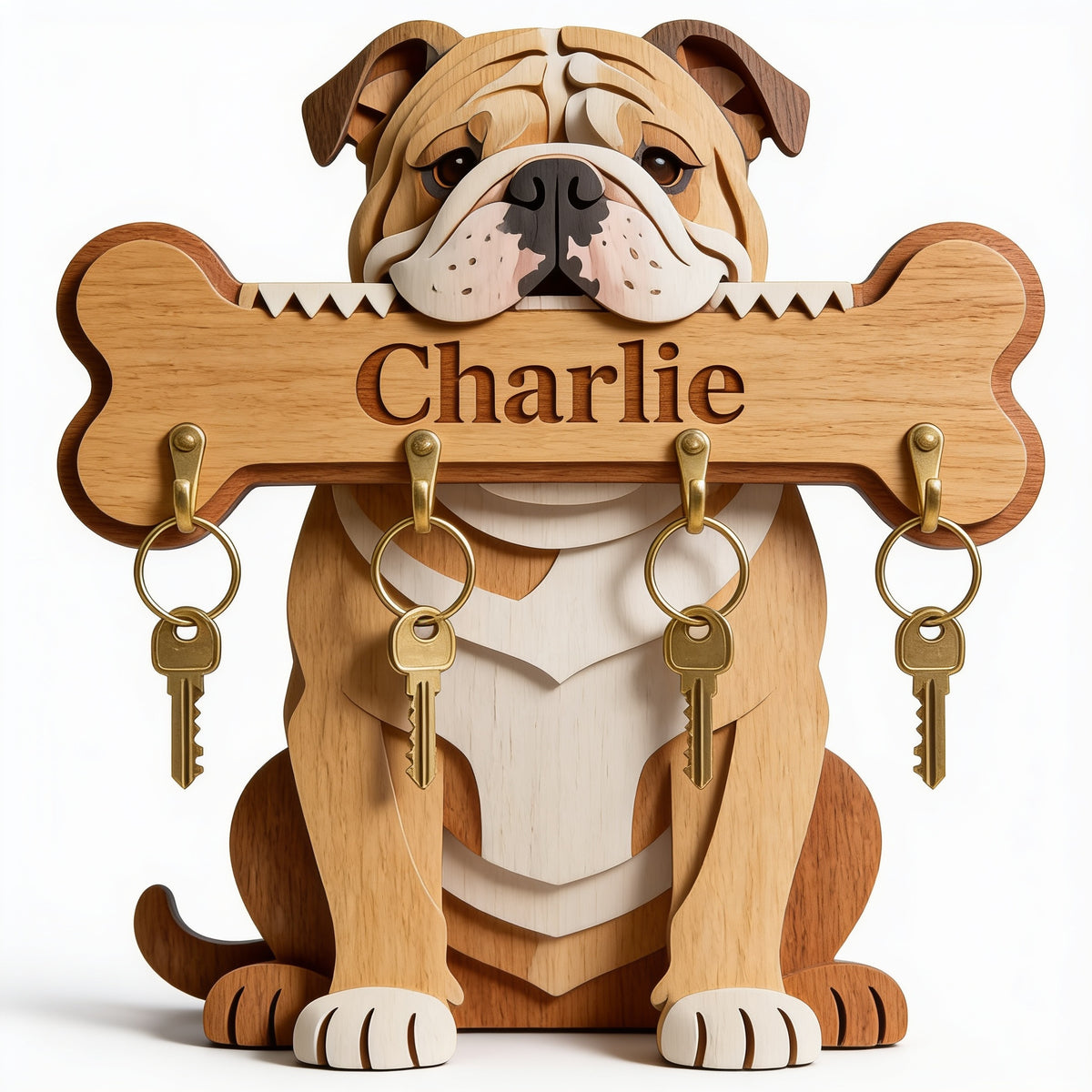 Personalized Fawn and White Adult Bulldog Wooden Key Rack Dog Lover Gift