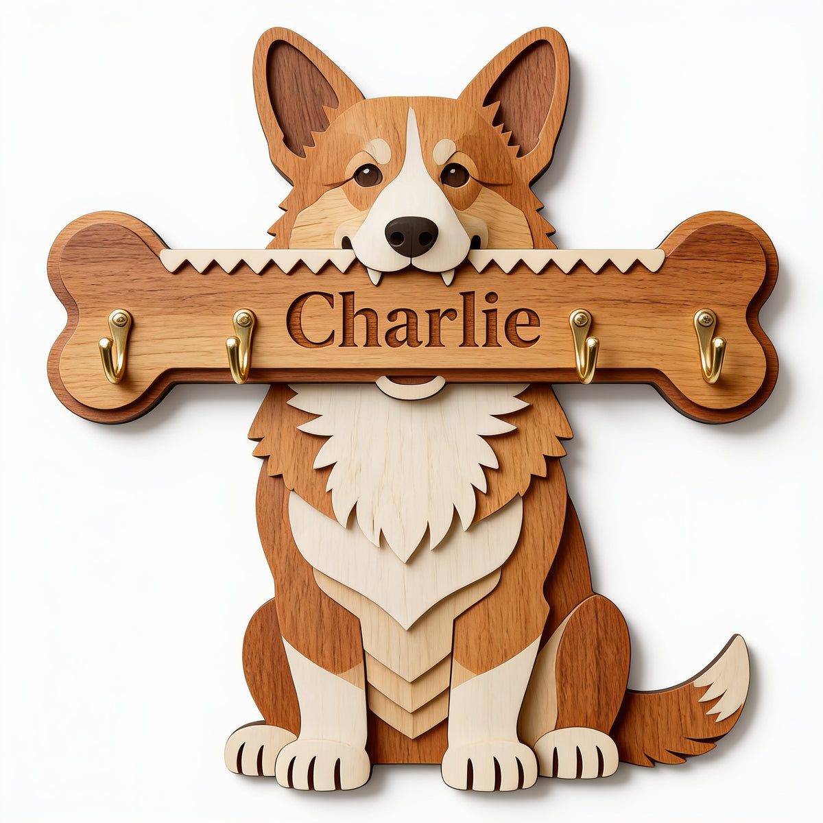 Personalized Tan and White Pembroke Welsh Corgi Wooden Key Rack Wall Decor