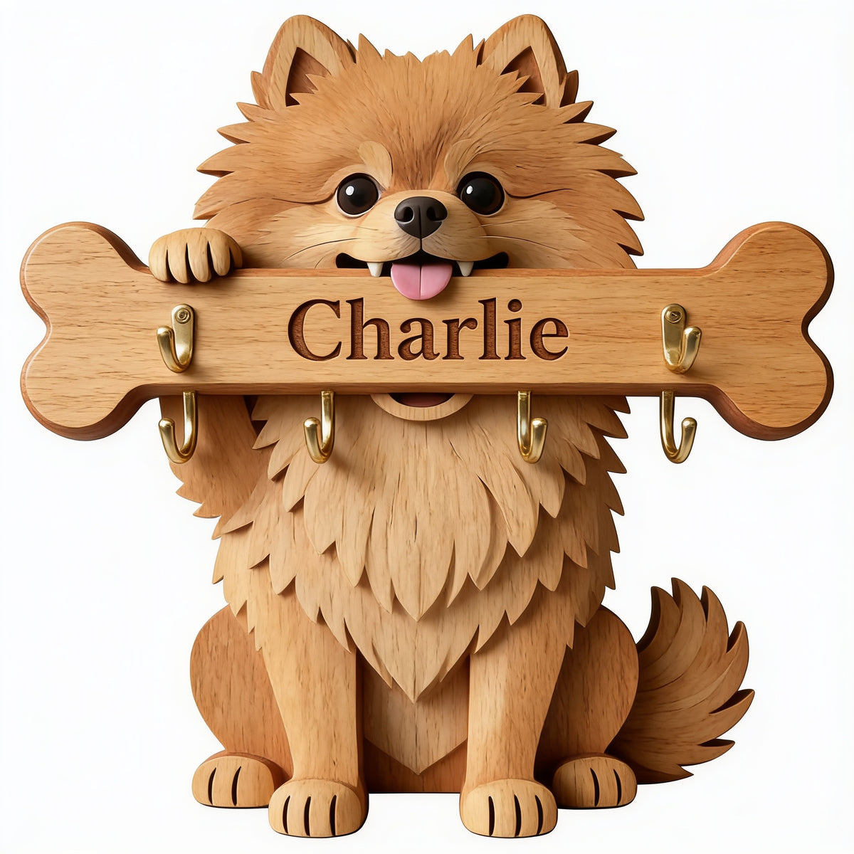 Personalized Fluffy Golden Tan Pomeranian Wooden Key Rack Dog Lover Gift