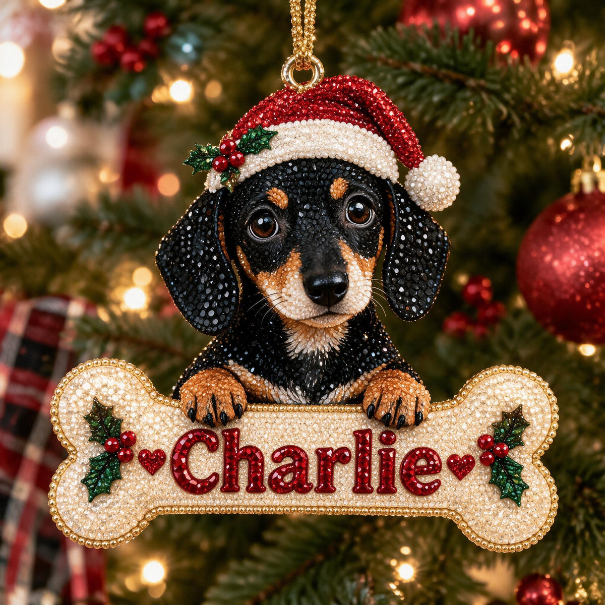 Personalized Christmas Black and Tan Dachshund Puppy Diamond Painting Ornament Kit