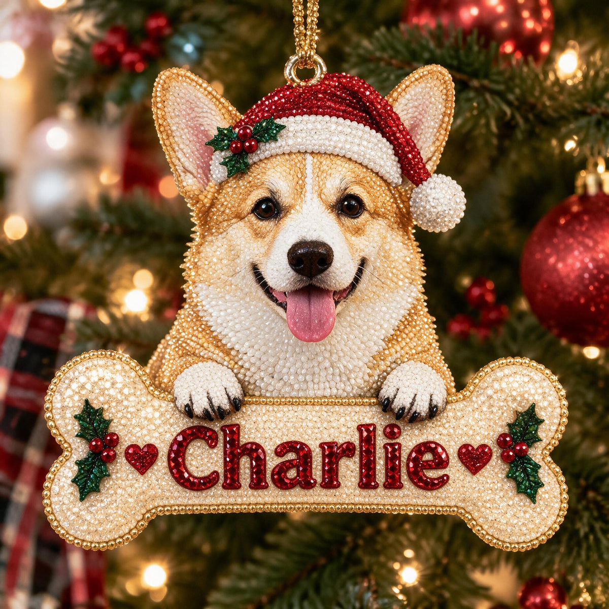 Personalized Christmas Tan & White Pembroke Welsh Corgi Diamond Painting Ornament Kit