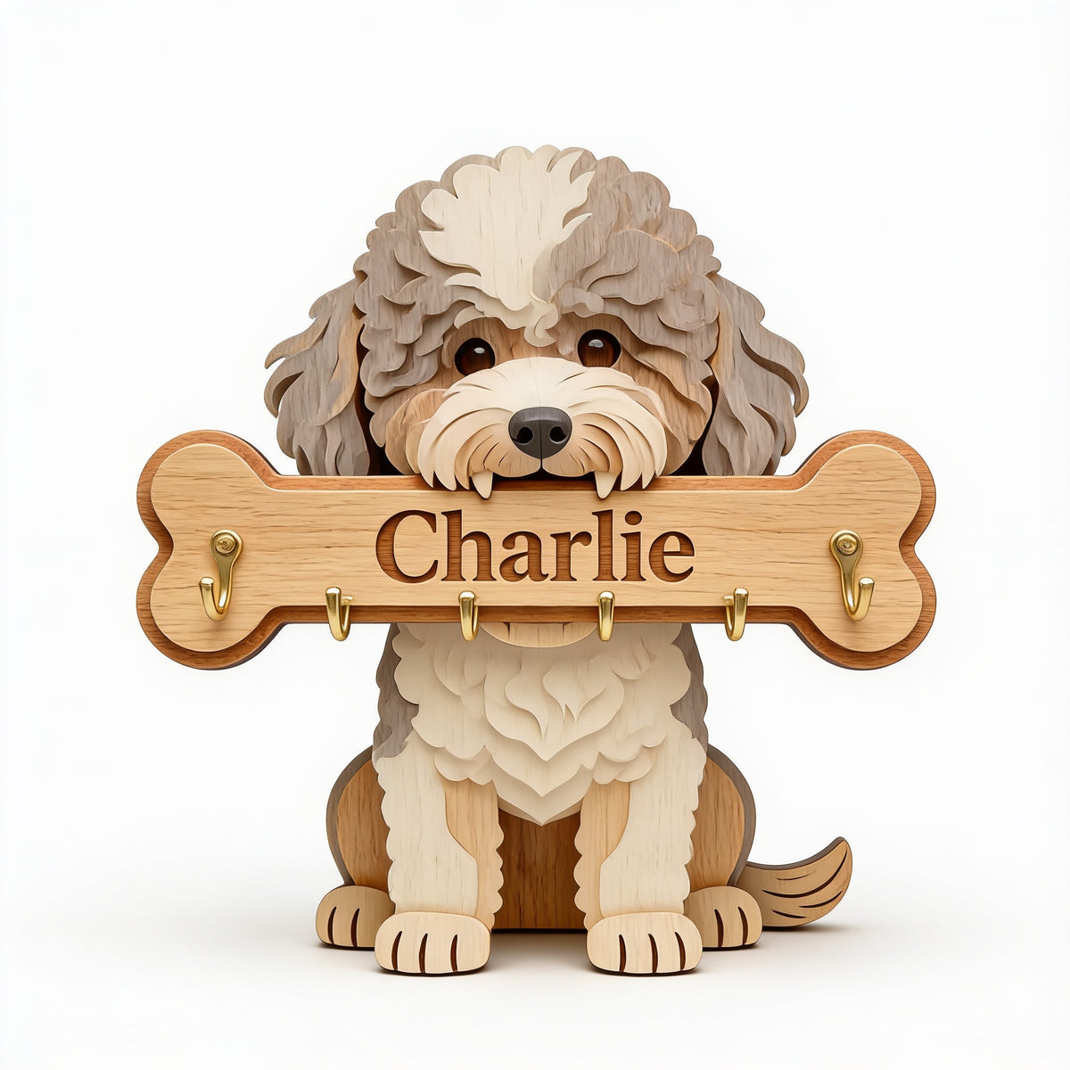 Personalized Curly Fur Poodle Wooden Key Rack Wall Hanging Organizer