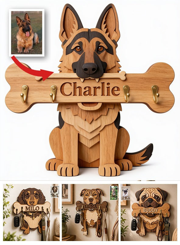 Personalized Adult Black & Tan German Shepherd Wooden Key Rack Wall Hanging Gift