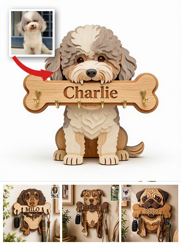 Personalized Curly Fur Poodle Wooden Key Rack Wall Hanging Organizer