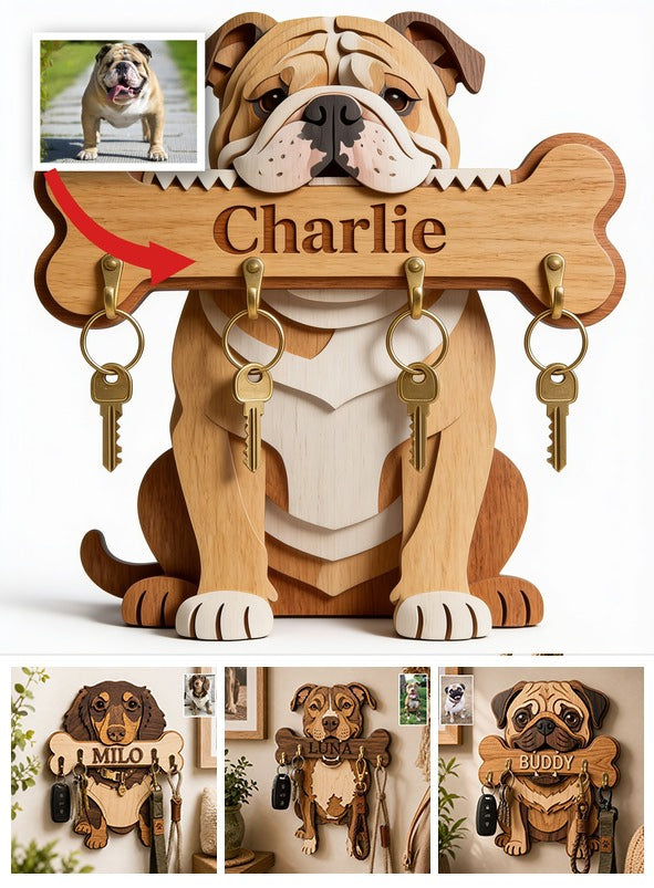 Personalized Fawn and White Adult Bulldog Wooden Key Rack Dog Lover Gift
