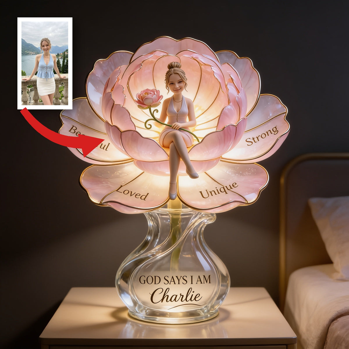 Personalized Woman Self Love Acrylic LED Night Light, Inspirational Gift for Her