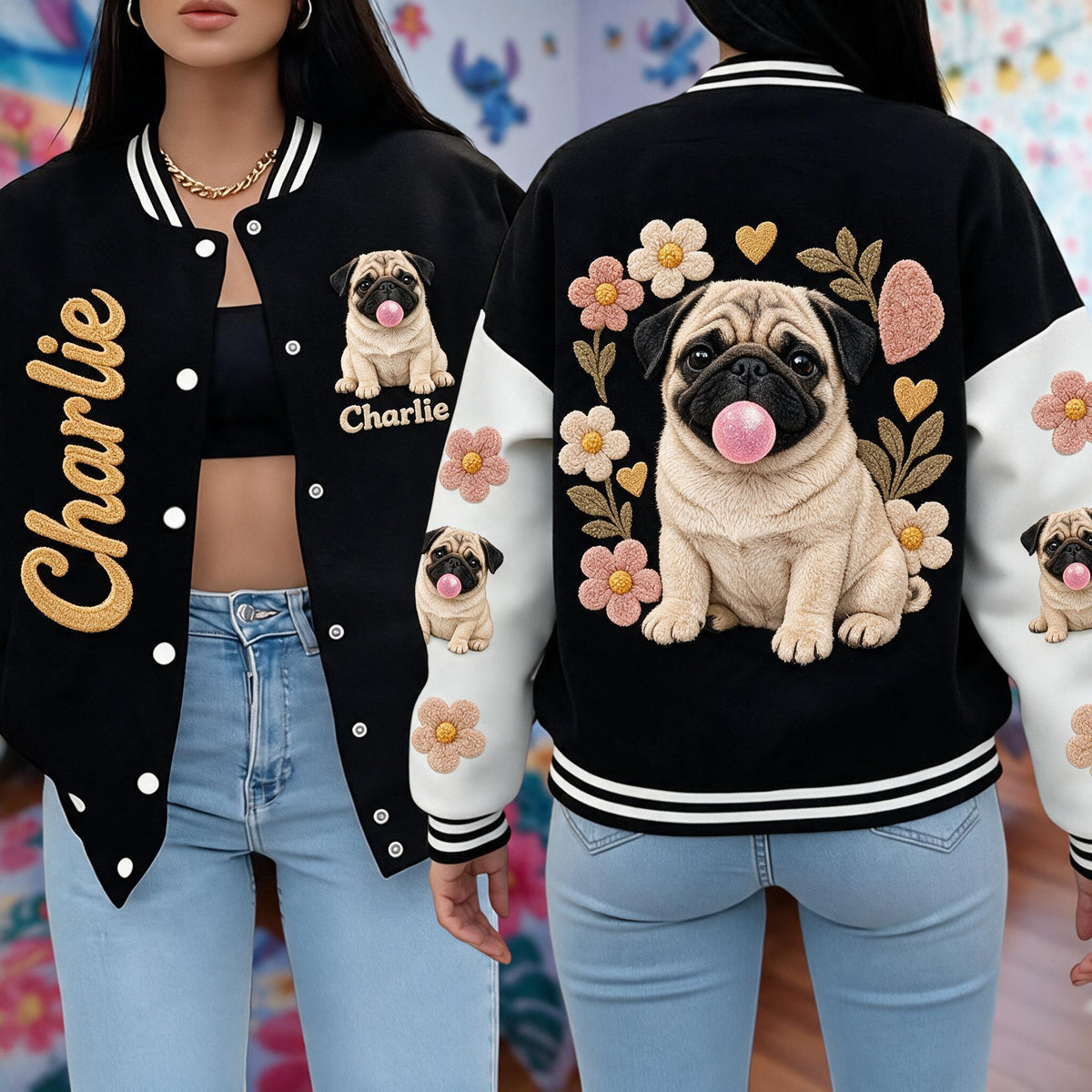 Personalized Fawn Pug Varsity Jacket Dog Owner Streetwear Gift