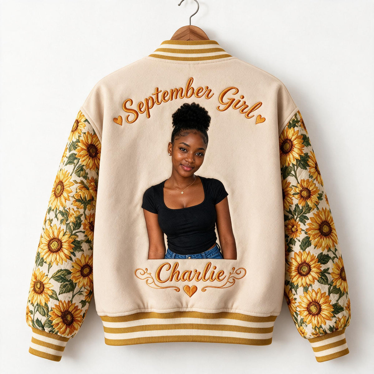 Personalized Black Woman Sunflower Floral Varsity Jacket Gift for Her