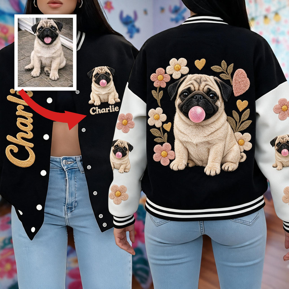 Personalized Fawn Pug Varsity Jacket Dog Owner Streetwear Gift