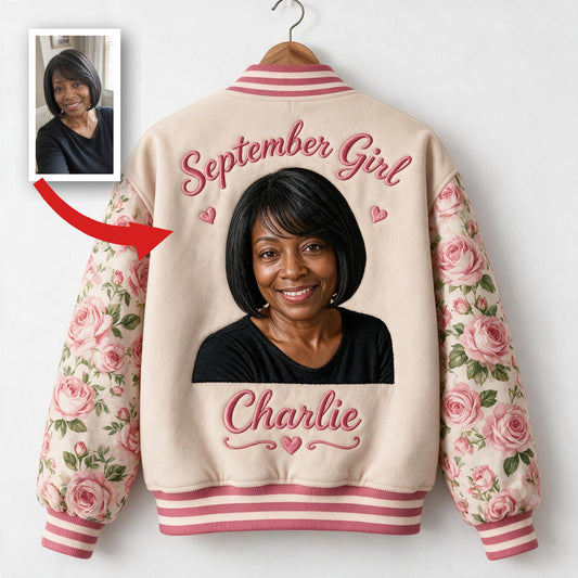 Personalized Middle-Aged Black Woman Floral Varsity Jacket Custom Portrait Gift