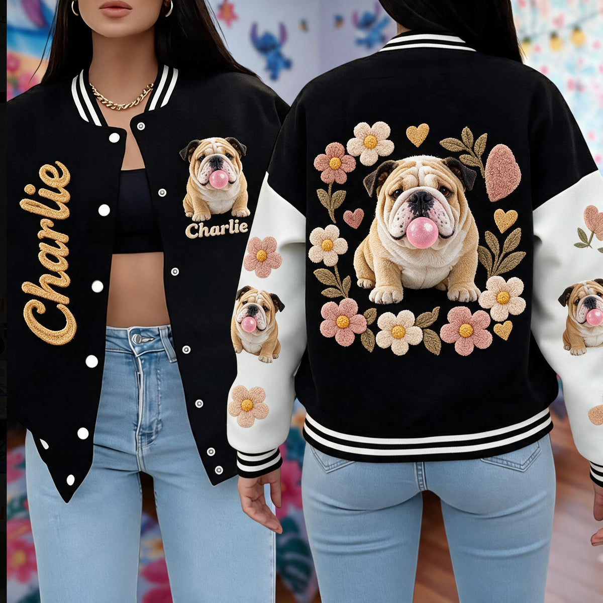 Personalized Fawn White Adult Bulldog Varsity Jacket Dog Lover Gift