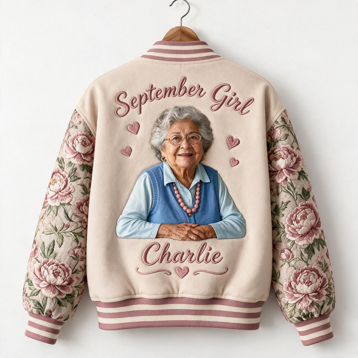 Personalized Older Latina Woman Floral Varsity Jacket, Mom Grandma Wife Gift