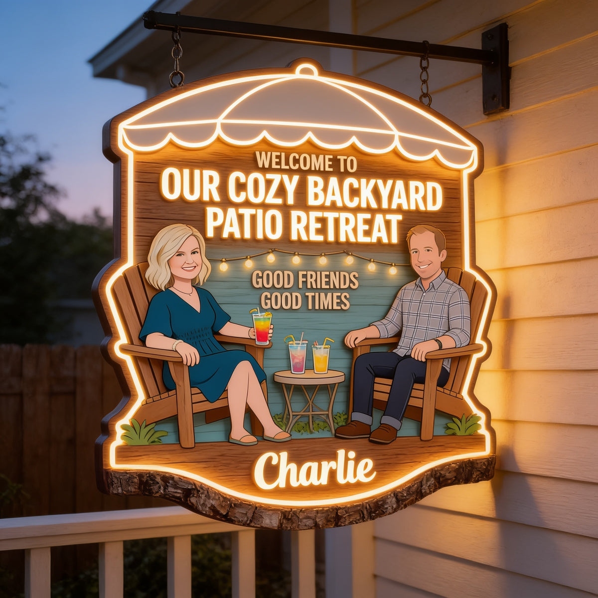 Personalized Middle-Aged Couple Backyard Patio LED Light Acrylic Sign