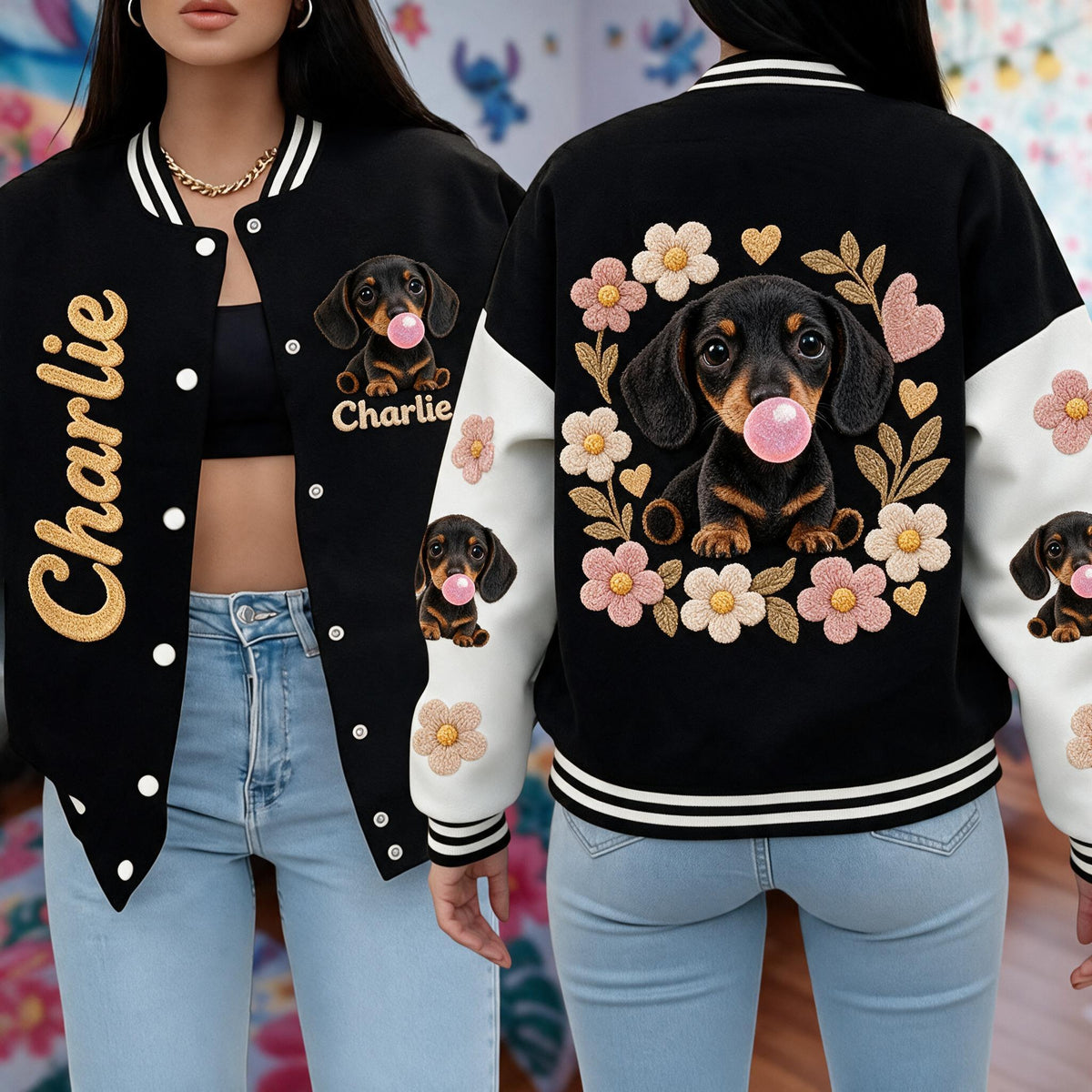 Personalized Black and Tan Dachshund Puppy Varsity Jacket Pet Owner Gift