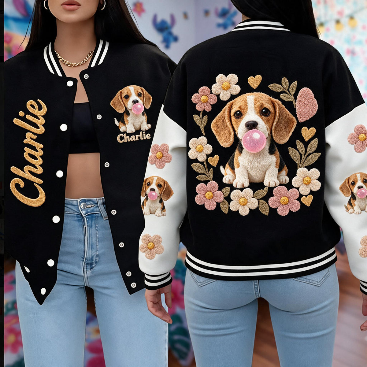Personalized Tricolor Adult Beagle Varsity Jacket Dog Lover Streetwear