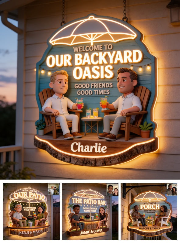 Personalized Gay Couple Backyard Oasis LED Acrylic Sign, Patio Home Decor