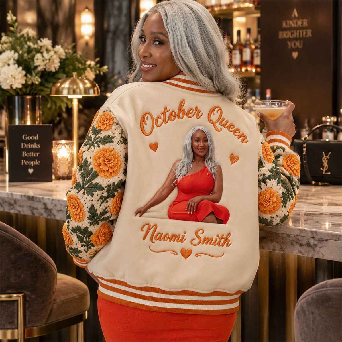 Personalized Older Latina Woman Floral Varsity Jacket, Mom Grandma Wife Gift