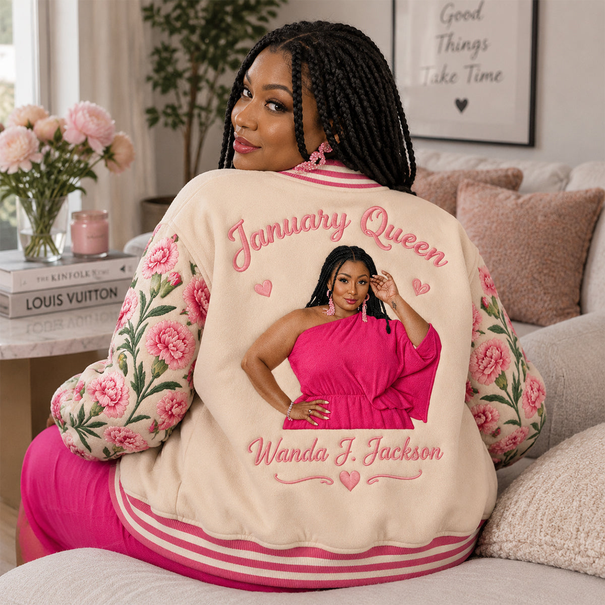 Personalized Black Woman Sunflower Floral Varsity Jacket Gift for Her