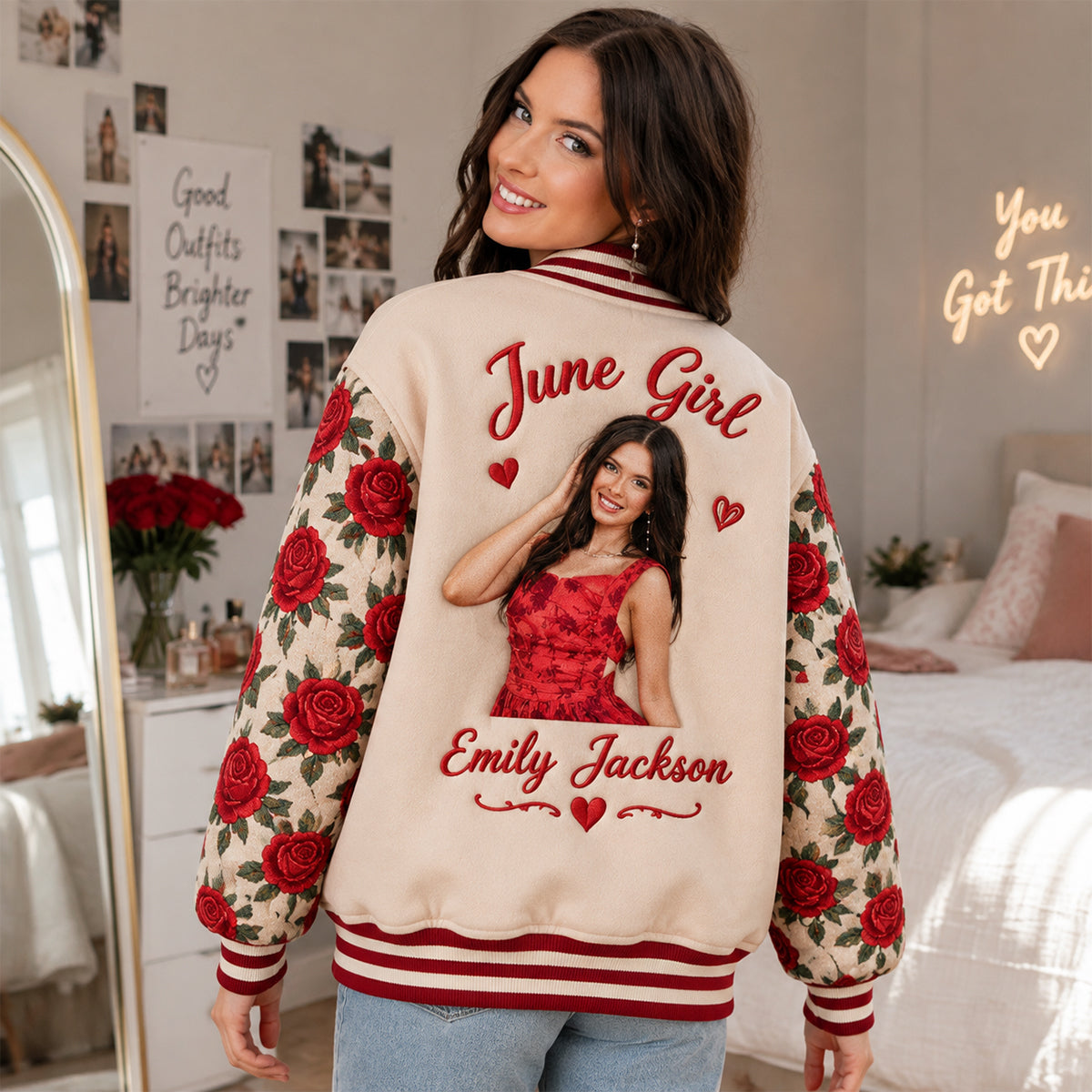 Personalized Older Latina Woman Floral Varsity Jacket, Mom Grandma Wife Gift
