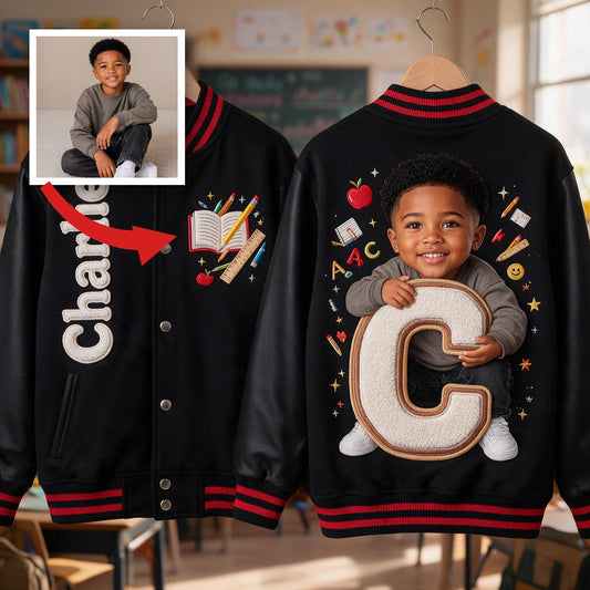 Personalized Black Little Boy Custom Alphabet Varsity Jacket, Kid Gift for Son Grandson